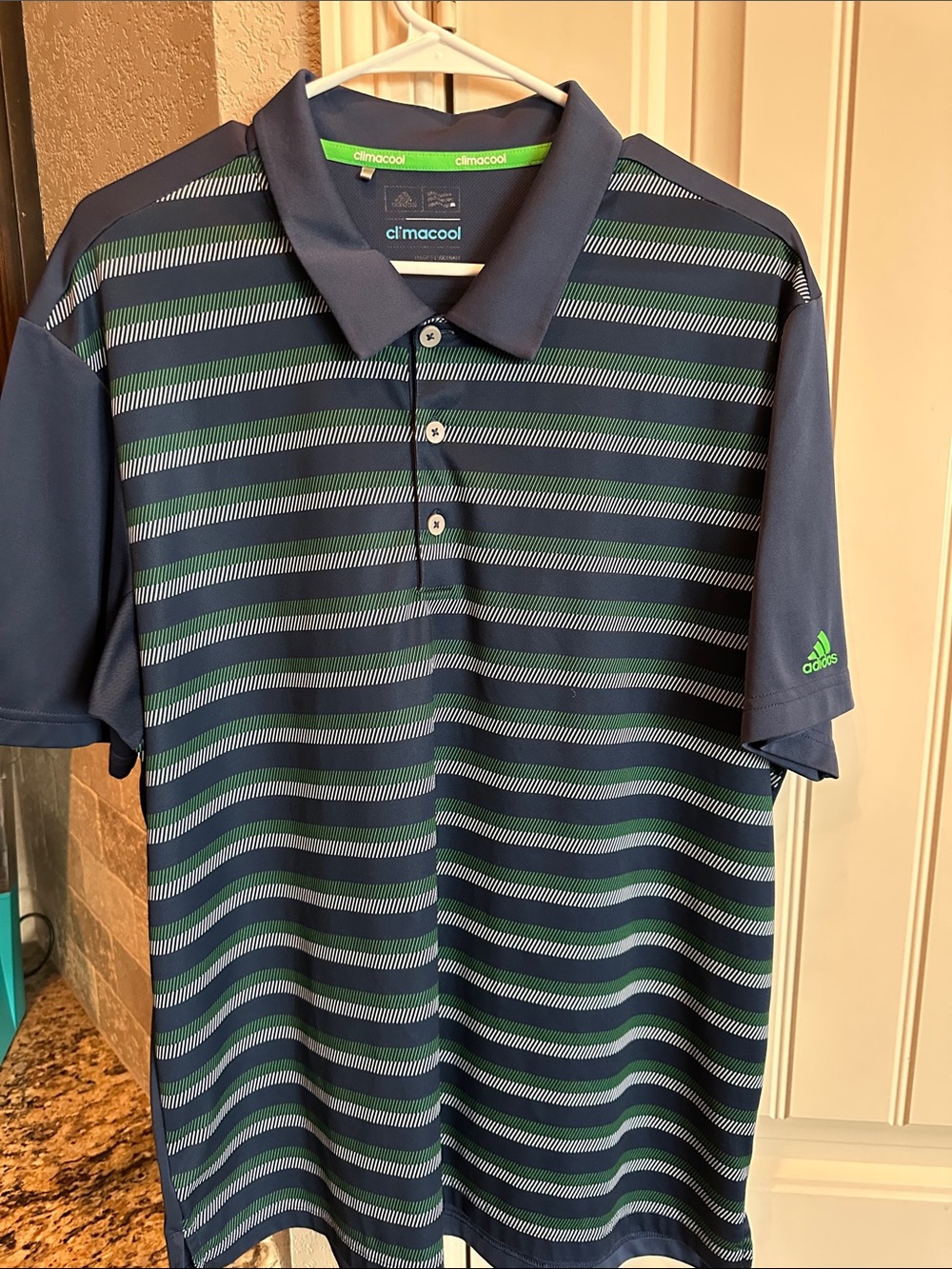 adidas Navy & Green Striped Climacool Polo